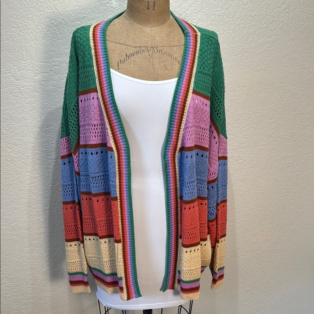 Sage +‎ Fig Women's Medium Colorful Striped Open Front Cardigan Sweater NWT